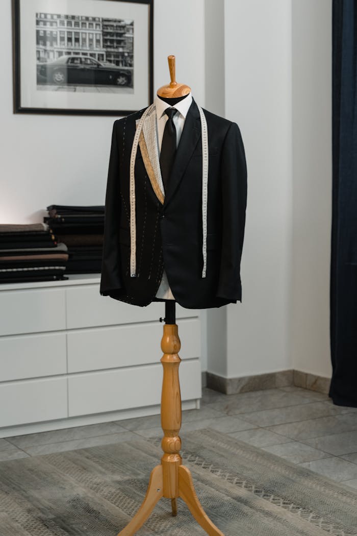 about-img-01 A stylish black suit jacket displayed on a mannequin with a measuring tape, showcasing bespoke tailoring in an elegant studio setting.